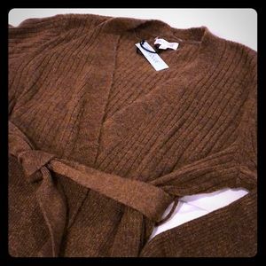 Cozy brown wrap sweater NWT- wool, acrylic, nylon